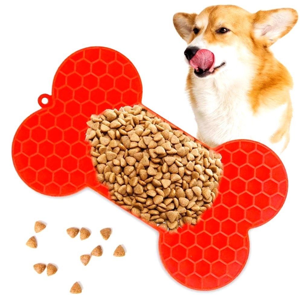 Szilikon kutya evéslassító nyalószőnyeg-csont alakú - Piros