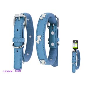 Állítható bőr nyakörv fém elemekkel - M - Kék