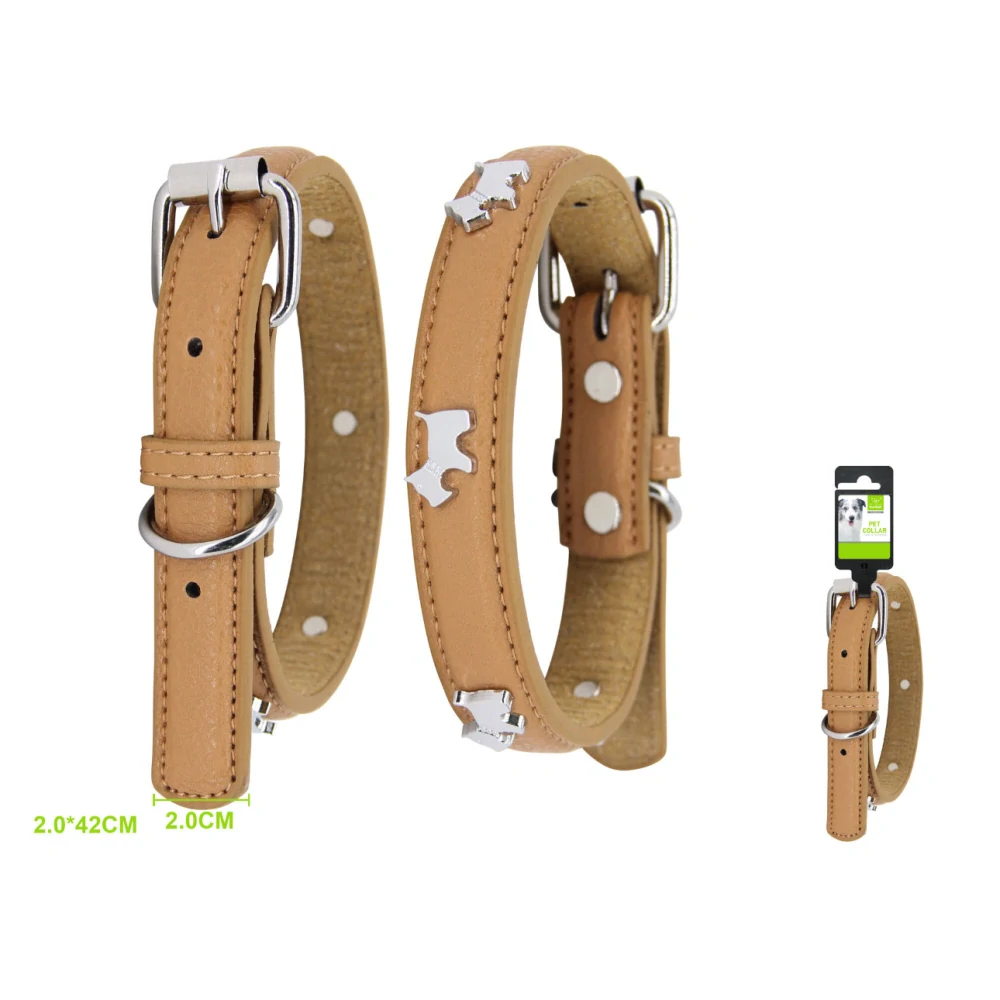 Állítható bőr nyakörv fém elemekkel - M - Barna