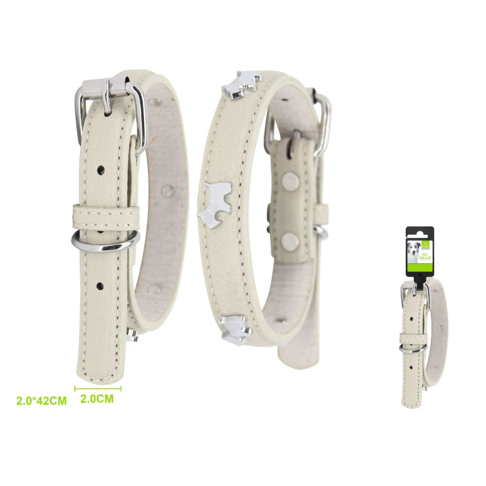 Állítható bőr nyakörv fém elemekkel - M - Fehér