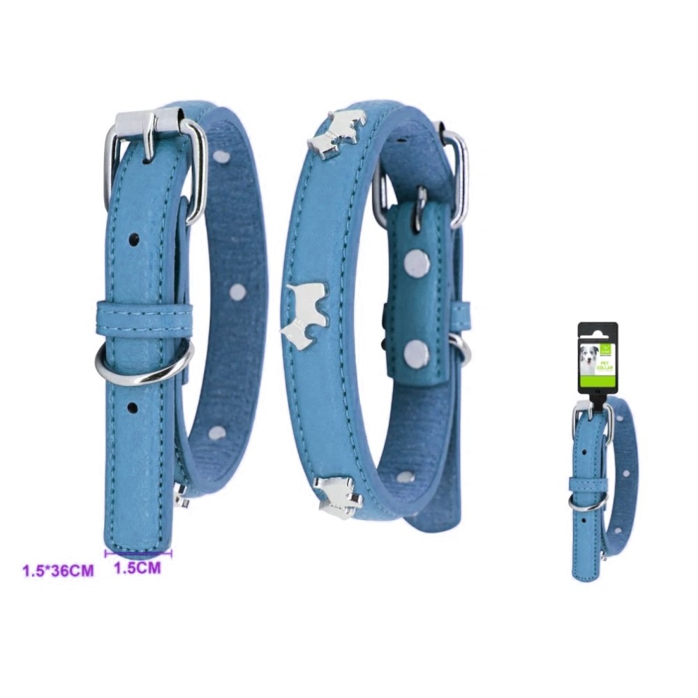 Állítható bőr nyakörv fém elemekkel - S - Kék