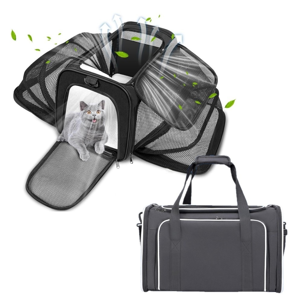 Bővíthető és összecsukható kisállat utazó táska - Fekete