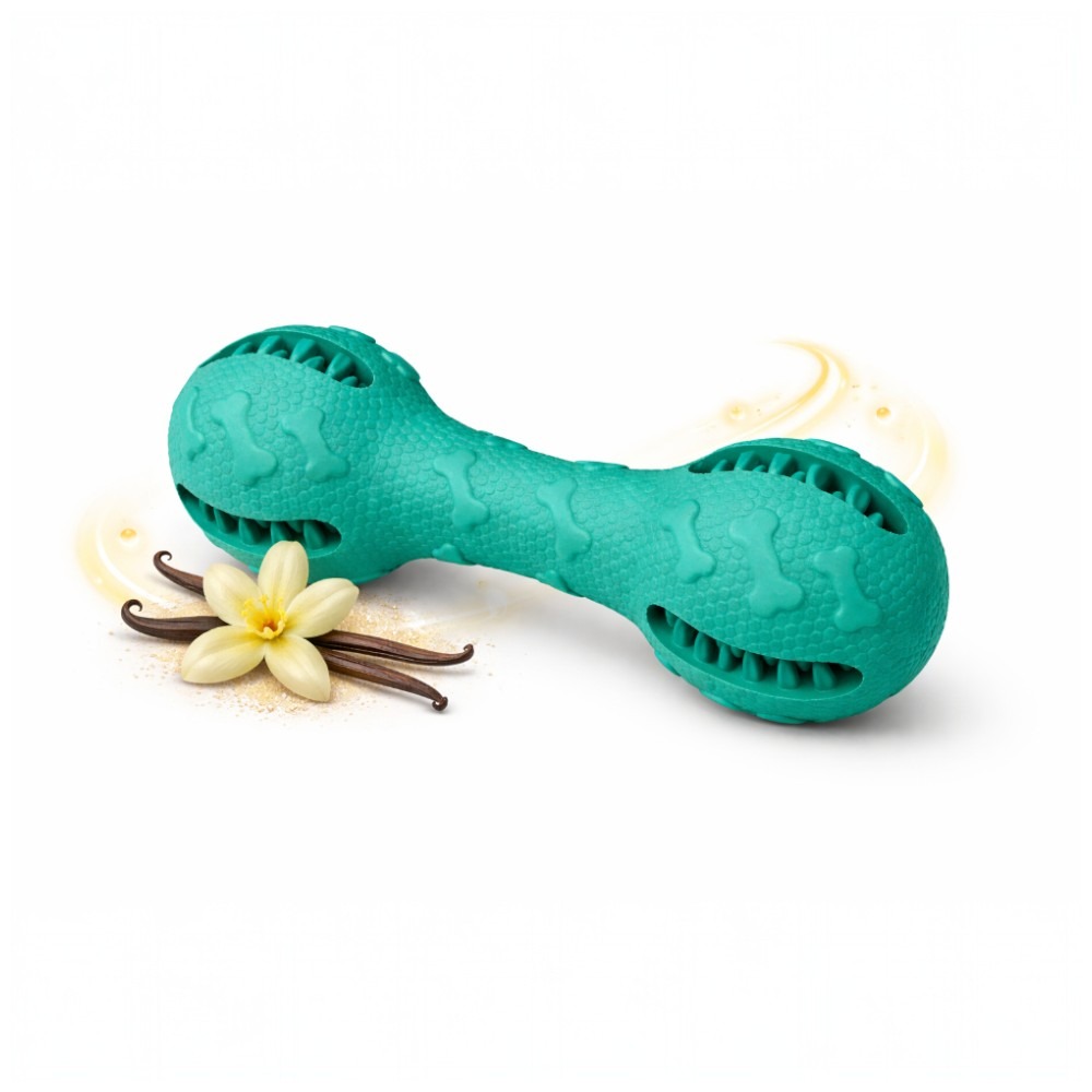 Rágó- és jutalomfalat tartó kutyajáték csont – vaníliás illattal - Türkizkék